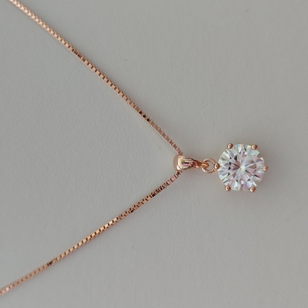 2ct 6 Prong Round Moissanite Necklace. Rose Gold Plated
